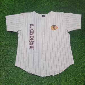 VTG 90s NHL Chicago Blackhawks Pinstripe Button Up Jersey Tee Mens L USA